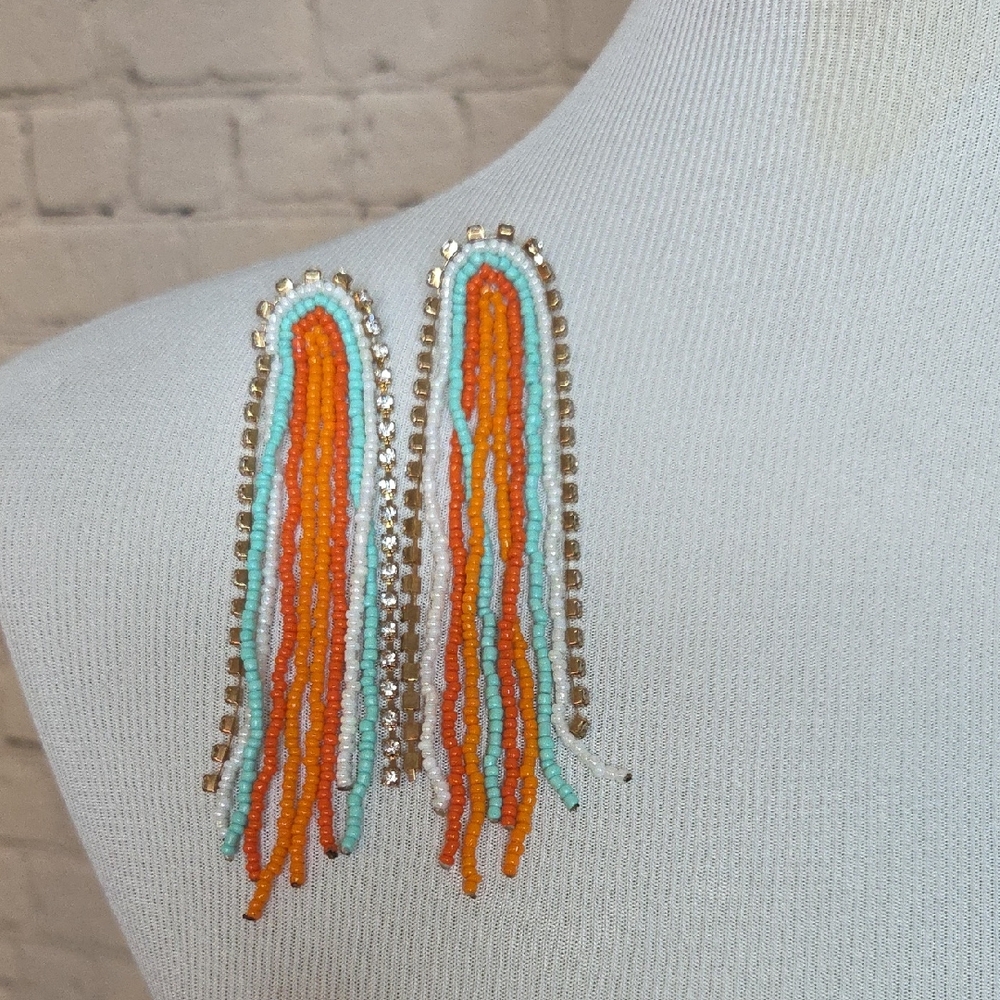 Free People Vibrant Beaded Earrings in Orange and Blue